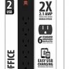 6 Outlet Power Strip w/Dual Port USB Blk